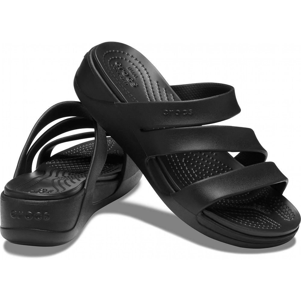 Black Women's Crocs Monterey Strappy Wedge Sandals | NZ 0487LISH